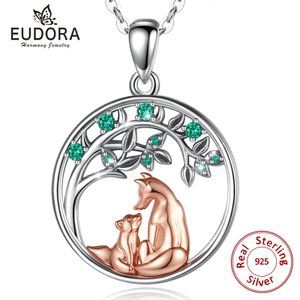 Hängen Eudora 925 Sterling Silver Fox Mother Baby Rose Gold Color Necklace Tree of Life Green CZ Pendant Fashion Smycken för Women Girl