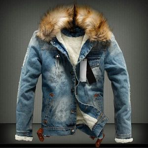 Winter Mens Denim Jacket with Fur Collar Retro Ripped Fleece Jeans and Coat for Autumn S6XL 240109