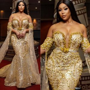 Gold Luxurious Prom Dresses Mermaid Sparkling Pearls Beaded Tulle Formal Evening Dress for Special Occasions African Black Women Birthday Party Gowns NL449