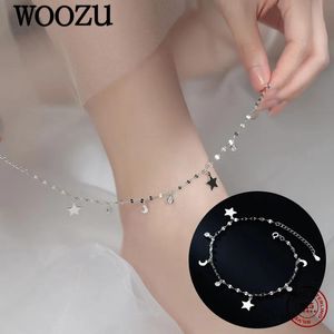 Anklets WOOZU Real 925 Sterling Silver Romantic Glossy Star Moon Zircon Anklet For Women European Party Summer Beach Trendy Jewelry Gift