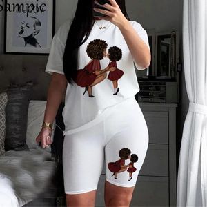 T-shirt Poppin Mom Set a due pezzi da donnaCapelli ricci africani neri Ragazza Cartoon Top Casual Streetwear Divertenti pantaloni e magliette sexy