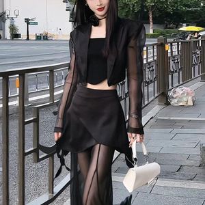 Women's Two Piece Pants Korean Simple High Waist Hollow Out Black Y2k E-Girl Slim Fit Mesh Long Sleeve Tops Women Grunge Sets