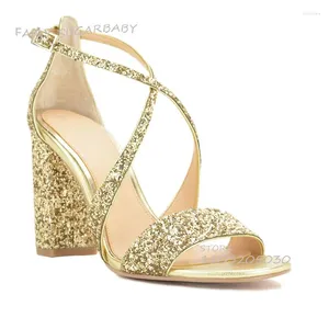 Sandaler Kvinnor Metalliska glitter kvällskor Peep Elegant Chunky Heel Ankle Strap Justerbar guld silver öppen ihålig klänning