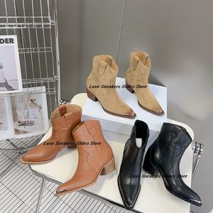 Top Quality Slip-On Dedos Pontiagudos 4.5cm Salto Alto Calfskin Couro Genuíno Ankle Boots Chunky Saltos Plataforma Sola Botas Mulheres Designers de Luxo Calçado de Fábrica