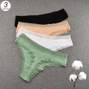 3PC of pleated lace low waisted satin ribbon solid color cotton thong pants for women's G-string underwear seamless girls Tanga T-pants 230110