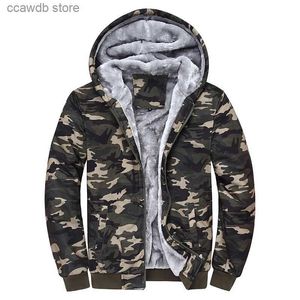 Herrhuvtröjor Sweatshirts Herrstyre Hoodie Camouflage Heavyweight Winter Sweatshirt Fleece Sherpa fodrad varm jacka T240110