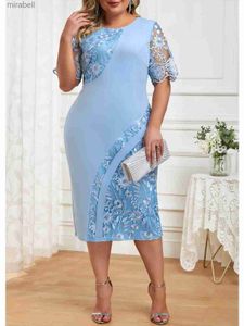 Basic Casual Dresses Plus size Size Party Dress Woman 2023 Summer Short Sleeve Embroidery Floral Patchwork Elegant Bodycon Pencil for Wedding Guest YQ240110