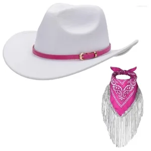 Berets Damen Vintage Western-Cowgirl-Hut mit breiter Krempe und Quasten, floraler Kopfwickelschal