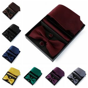 4 PCS Luxury Box Tie Set For Men Necktie Bowtie Handkerchief Cufflinks Polyester Mens Suit Wedding Party Gift Cravat Accessory 240109