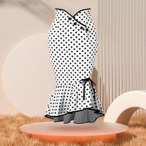 Skirts Women's Vinatge Polka Dot Printed Long Fishtail Skirt Fashion Irregular Hem Ruffles Bodycon Casual Skinny