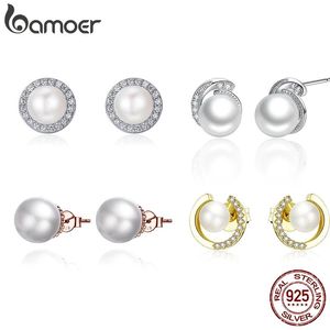 Orecchini BAMOER Orecchini con perle di conchiglia di qualità in argento sterling 925 con zirconi abbaglianti per le donne, gioielli raffinati, regalo di anniversario di matrimonio