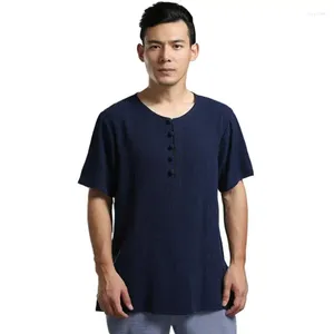 Mäns casual skjortor 2024 Summer Style Chinese Vintage Men t-shirt V-ringning Kort ärm linnetoppar för plusstorlekskläder 5xl