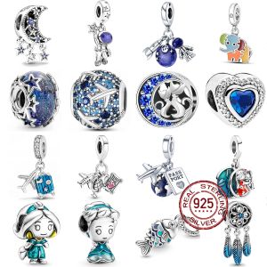 925 Silver Blue Series Moon Space Girl Princess Charm PAN Bracelet Beads Suitable for Women's Jewelry DIY Gifts Free Shipping