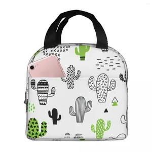 Borsa per il pranzo con motivo cactus per stoviglie, isolata con scomparti, manico riutilizzabile, portatile, per la scuola di picnic dei bambini