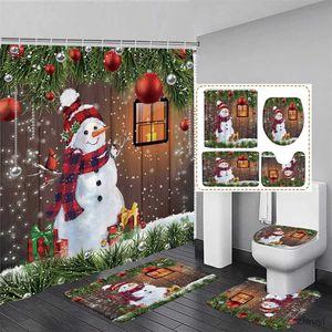 シャワーカーテンかわいい雪だるまクリスマスシャワーカーテンセットシルバーパインブランチスノーフレーククリスマスボールバスルーム装飾ラグバスマットトイレの蓋カバー