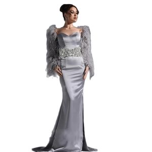 Wykwintne sukienki z rękawami z piór ukochane z paskiem Rhonestone Formal Evening Suknia Side Stoiła Sukienka Promowa 326 326