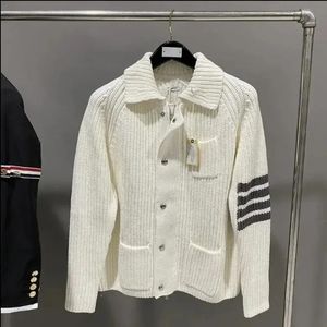 TB Image shop Men's Cardigan Sweater Casual Knitted Coat high collar Autumn Contrasting Color Four-Bar Wool Stripes 240110