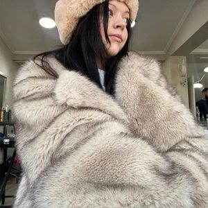 Brand Fashion Gradient Kolor zwierząt Faux Fur Płaszcz Kurtka Kobieta zima luźna duża długa puszysta odzież zewnętrzna 240110