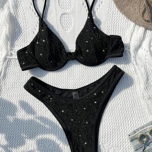 Costume da bagno da donna 203 bikini nero lucido costume da bagno sexy in due pezzi a vita alta supporto in acciaio costume da bagno da spiaggia con scollo a V da donna YX1378X 240110