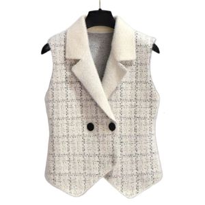 Plaid Imitation Mink Vest Coats Women Slim Vintage Sleeveless Sweater Crop Tops Spring Fall Chic Knitted Waistcoats Outwear Tops 240104