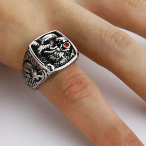 Men Gold Black Ring Gold Raising Dragon With Red Stone Eye Ring Vintage 14k Gold Punk Finger Ring Jewelry For Mens