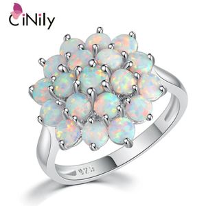 Ringar cinily vit runda eld Opal ringar Sterling Sier Flower Bloom Plant Big Ring Wedding Party Fashion Jewelry Forwomen