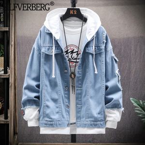 Denim jaqueta masculina com capuz fino ajuste casual streetwear jean jaquetas manga longa na moda outerwear outono inverno casaco para homem 240110