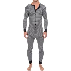 Herren-Unterwäsche-Pyjama, dünner gestreifter Overall, langärmelig, O-Ausschnitt, Knöpfe, Strampler, Nachtwäsche, Overall, Großhandel, Onesies – Pyjama-Set 240110