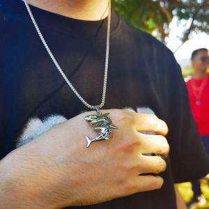 Rock Punk Shark Necklaces for Men Cool Fashion Animal Pendant Collar Gifts Jewelry with 14K White Gold Box Chain Designer Luxury Original