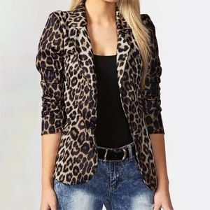 Spunautumn Womens Turndown Collar Leopard Print Geometric Long Sleeved Button Cardigan Coat Office Lady Fashion Casual Tops 240110