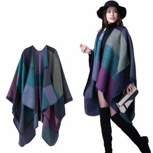 Addensare Scialle Invernale Avvolge Mantello Donna Autunno Poncho Plus Size Block Plaid Aperto Frontale Maglione Sciarpa in pile Cappotto Abiti da vacanza 240109