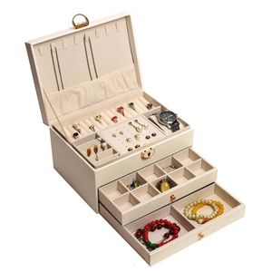 Três camadas retro de alta qualidade pu caixa de jóias com colar gancho brincos anel pulseira caso armazenamento cores verdes 240109