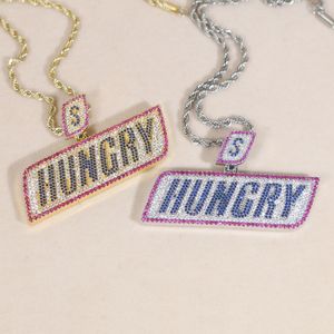 Fashion Designer Colorful Zircon Hungry Letter Charm Pendant Necklace with Rope Chain Hip Hop Women Men Full Paved 5A Cubic Zirconia Boss Men Gift Jewelry