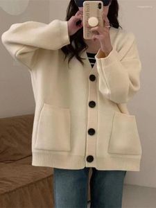 Kobiet kieszonkowy swetra jesień kieszonkowy sweter 2024 Koreańskie luźne kobietę płaszcz solidne dziewiarki znamionowe openne ścieg