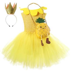 Желтое платье-пачка с ананасами для маленьких девочек, детские костюмы с фруктами на день рождения, детский карнавальный наряд с курицей и сумкой с короной 240109