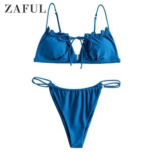 Комплект бикини Zaful с плетеным галстуком и замочной скважиной Женский комплект бикини 2021 Комплект бикини из блестящей ткани Синие однотонные купальные костюмы Летняя пляжная одежда