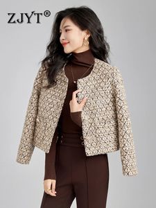 Zjyt Zarif Bayanlar Kadınlar İçin Vintage Tweed Yün Ceket Moda Sonbahar Kış Paltoları Kısa O boyun dış giyim vese femme 240109