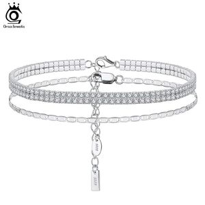 Anklets orsa juveler 925 Sterling Silver Italian Spark Mirror Link2mm 2 Rows Tennis Anklet for Women Foot Armband Ankel smycken SSA03