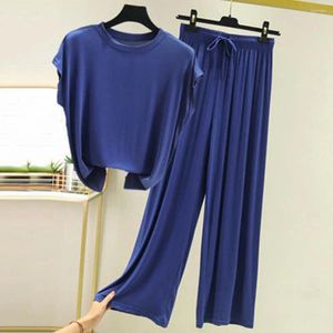 Calças de duas peças femininas mulheres respiráveis peças de traje de verão conjunto lady camiseta de cordão de cordão fino dormindo