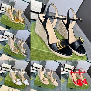Luxury sandals women wedges heels woven straw designer sandal slingback high heels summer platform ankle strap party dress shoes C0110