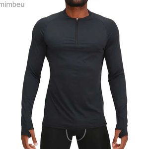 T-shirt da uomo Camicie a compressione con zip 1/4 da uomo con fori per i pollici Strato base maniche lunghe Moiré traspirante T-shirt sportiva Camicetta da pesca attivaL240110