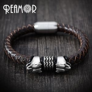 Bracciali REAMOR Wild Style Uomo Lupo Testa Perlina Acciaio inossidabile 316L Bracciale in vera pelle intrecciata con chiusura magnetica Gioielli