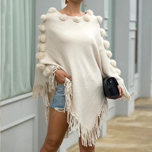 Autumn Winter Pullover Knitted Poncho with Tassel White Faux Fur Cape Shawls for Women Loose Solid Cape Costume Outwear 240110