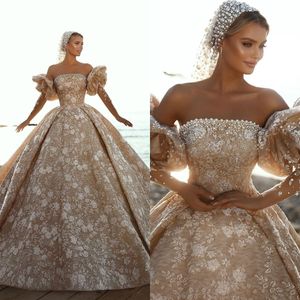 Abito da sposa arabo in pizzo con abito da ballo, spalle scoperte, maniche corte, abiti da principessa, abiti da sposa con applicazioni vintage