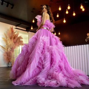 Casual Dresses Beautiful Pink Straplee Long Tulle Maxi Gowns Ruffles Trimmed A-line Tutu Bridal Women Formal Party Dress