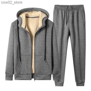 Tracksuits masculinos 2024 inverno engrossar homens conjunto quente grosso com capuz 2 pc cordeiro cashmere hoodies zíper tracksuit esportes terno plus size ginásio hombre q230110