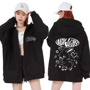 Estilo Coreano Jeans Hoodies Coelho Kawaii Gráfico Zipper Moletons Kpop Bonito Hoodie Homens Mulheres Y2K Casual Zip Up Jacket 240110