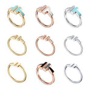 حلقات مصممة فاخرة للنساء للنساء S925 Sterling Silver Double T خاتم الماس المفتوح مع 18K Rose Gold Band Rings Gift