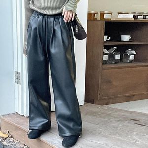 Trousers Girls PU Leather Girl Fleece Pants 2024 Winter Large Children Loose Thickened High Waist Leisure Wide-leg