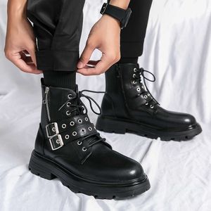 Fashion Black Ankle Man Trendy Platform Non-slip High Boots for Men Leather Streetwear Outdoor Zip Men's Biker Boot